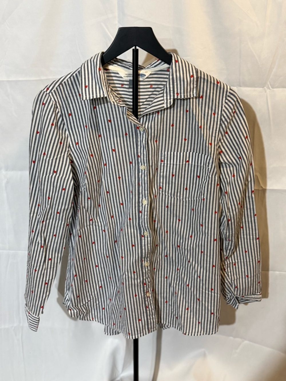Old Navy Blue and White Striped Button-Up with Red Heart Pattern